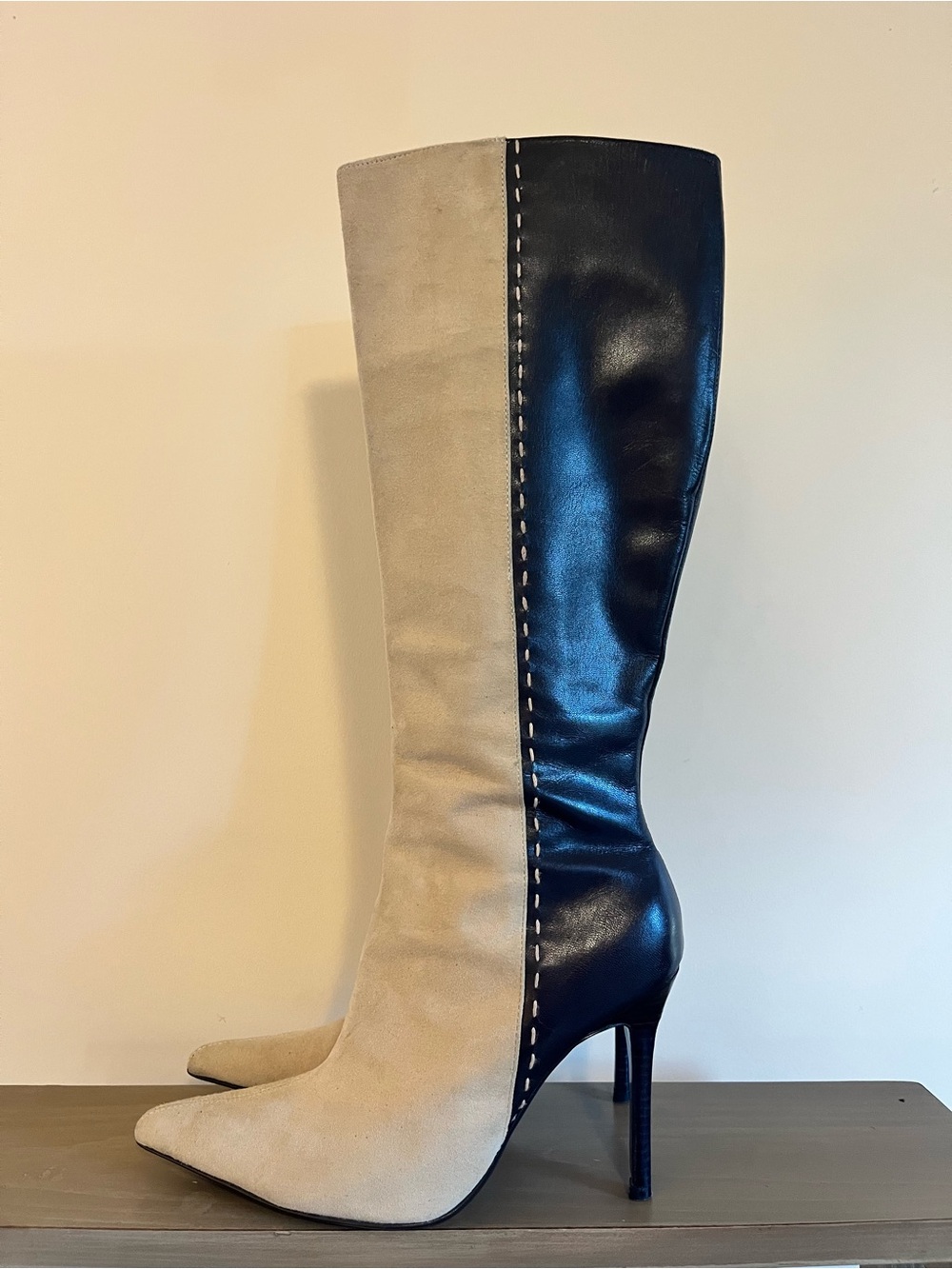 Colin Stuart Two-Tone Beige and Brown Over-the-Knee Stiletto Boots